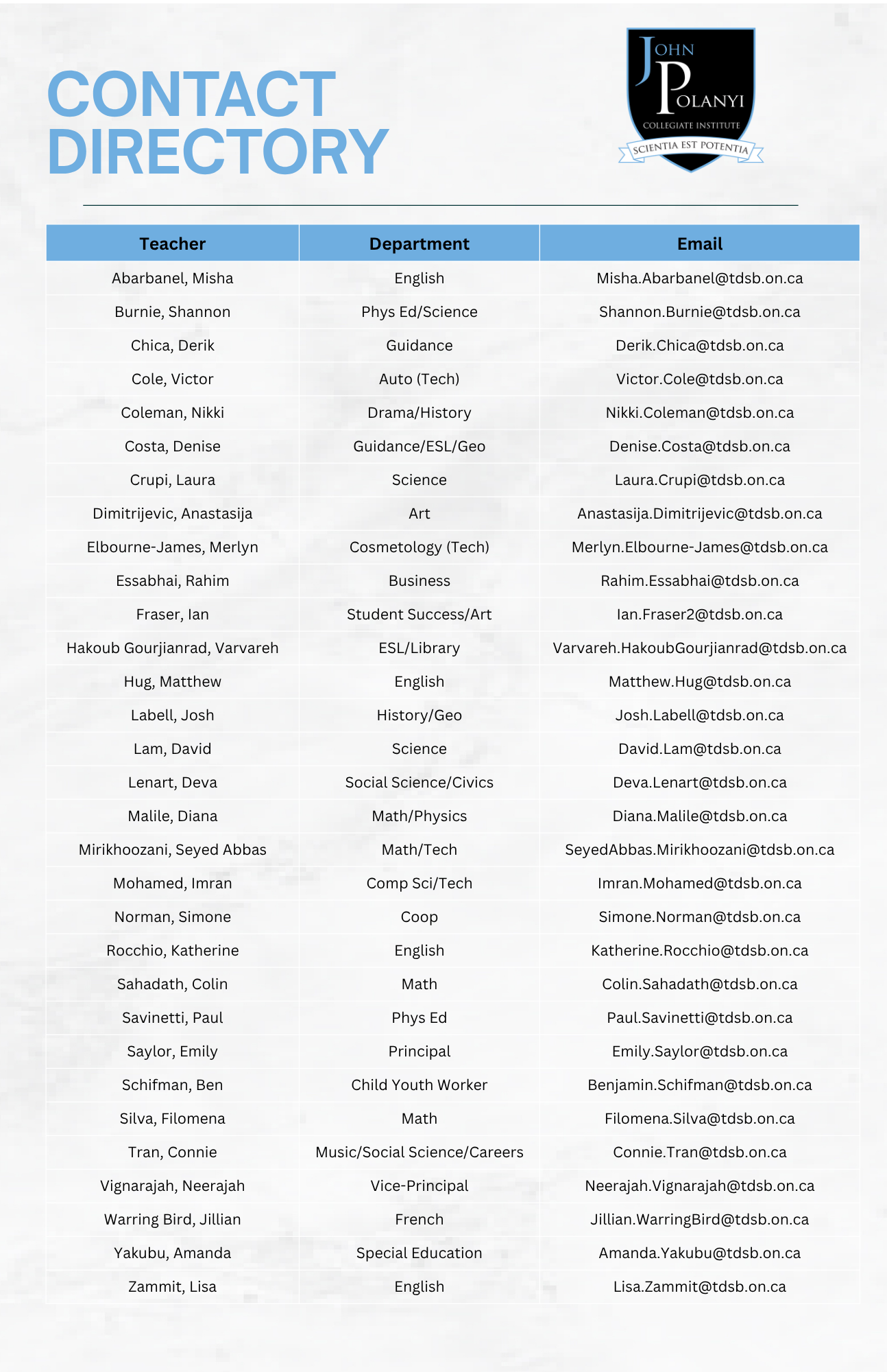 Teacher Contact Directory